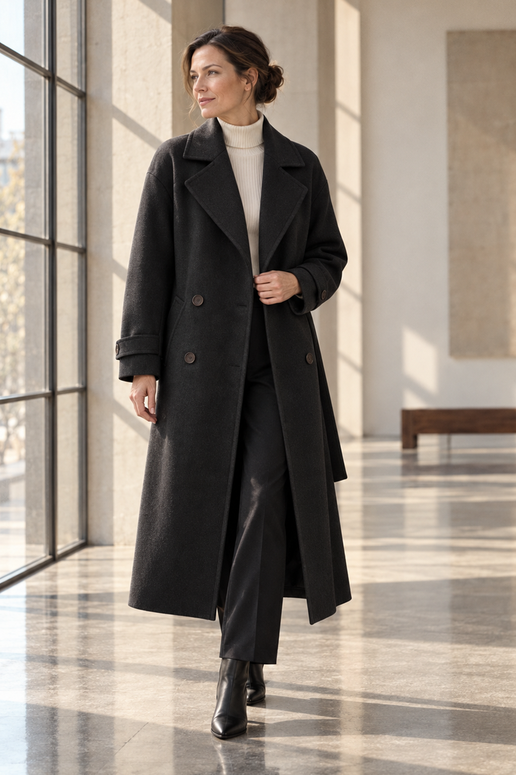 Women's Coat with Lapel Collar and Button Front