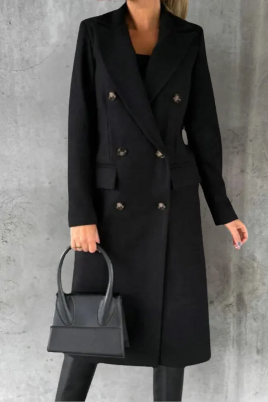 Women's Double Breasted Longline Coat with Lapel Collar