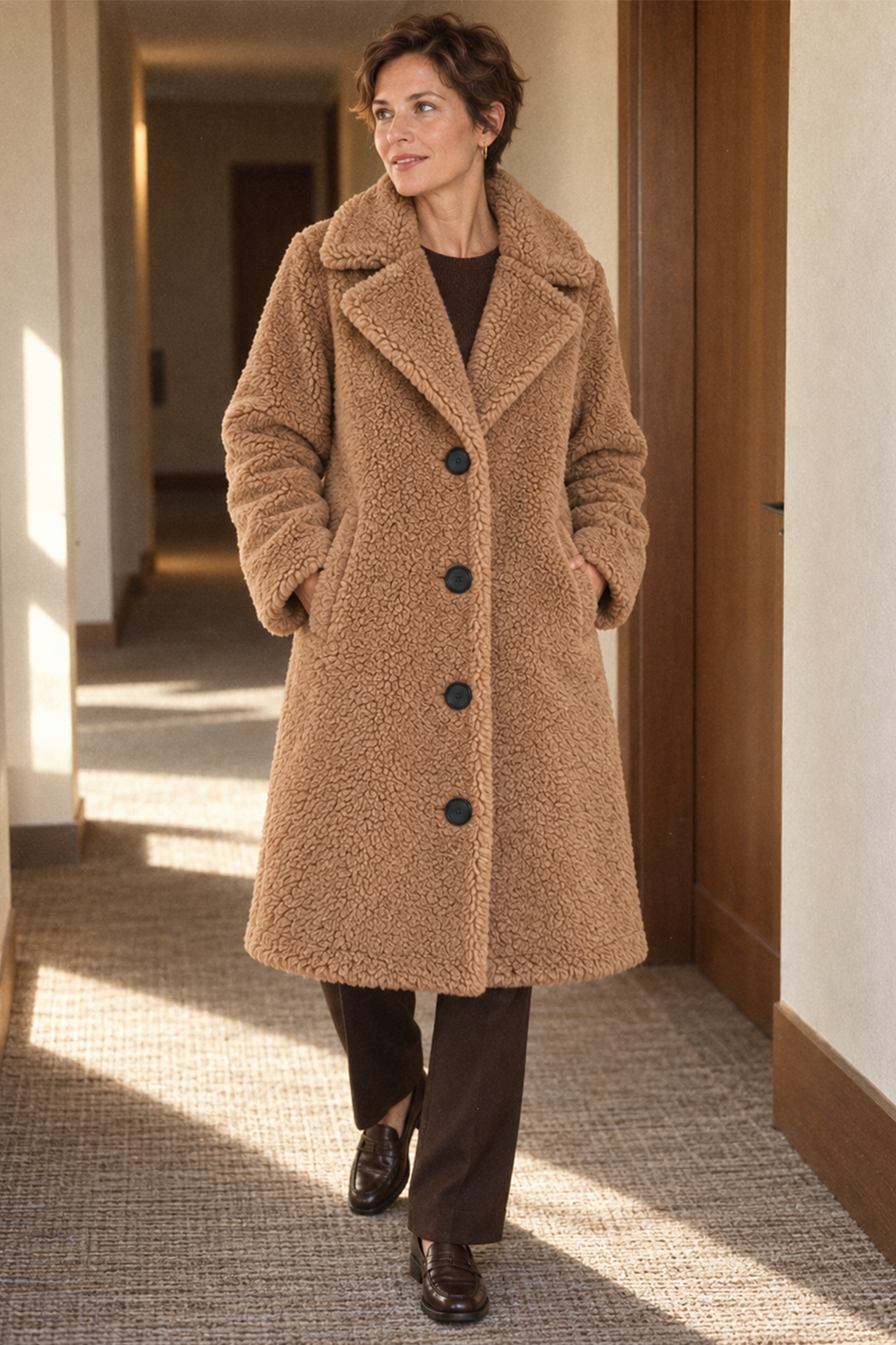 Women's Longline Teddy Fleece Coat with Notched Lapel