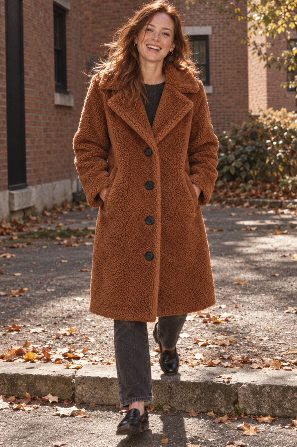 Women's Longline Teddy Fleece Coat with Notched Lapel