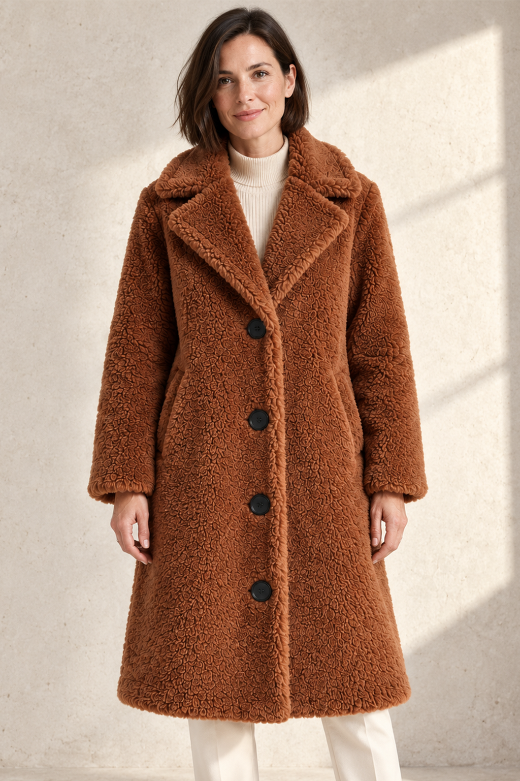 Women's Longline Teddy Fleece Coat with Notched Lapel