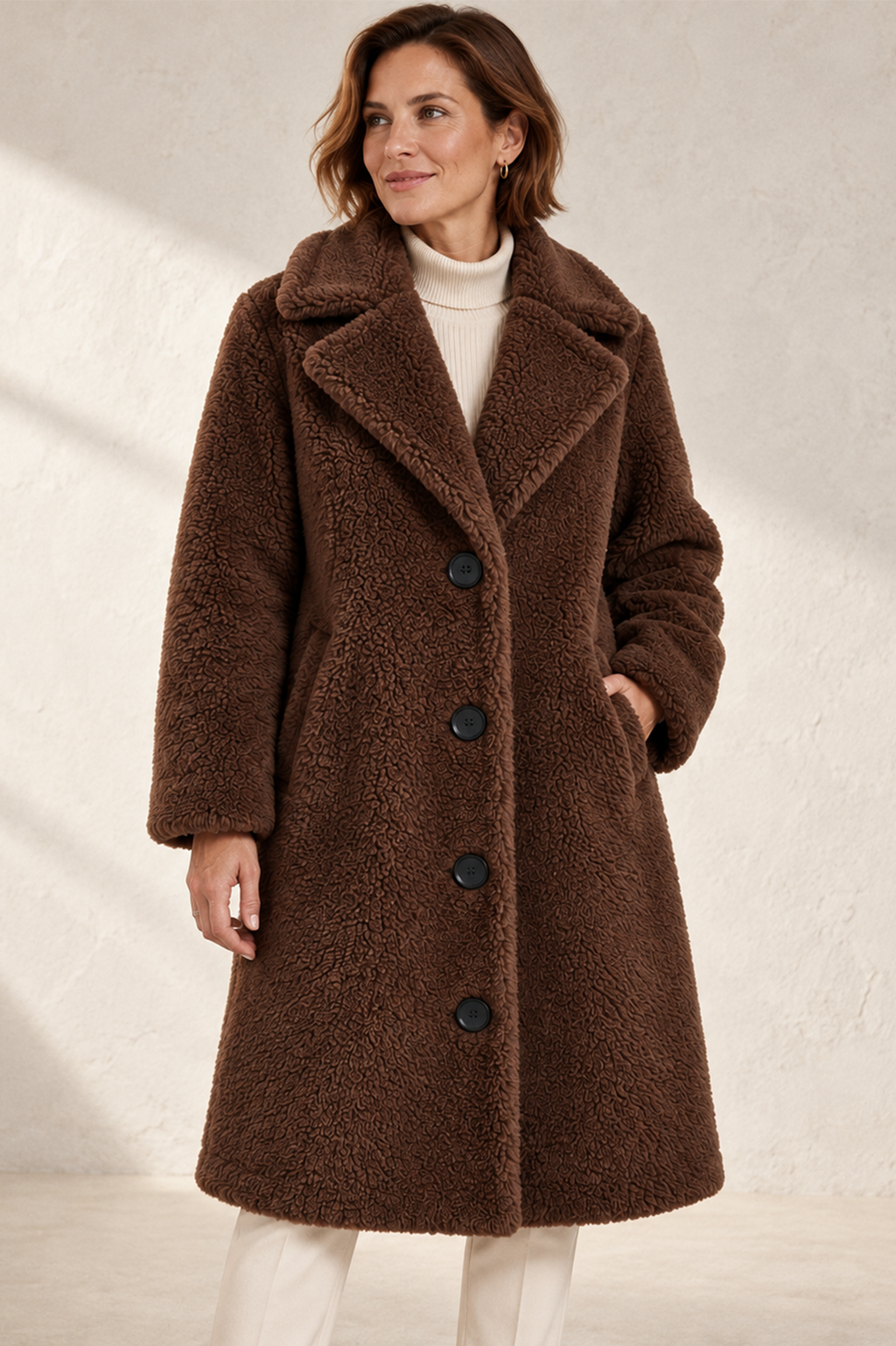Women's Longline Teddy Fleece Coat with Notched Lapel