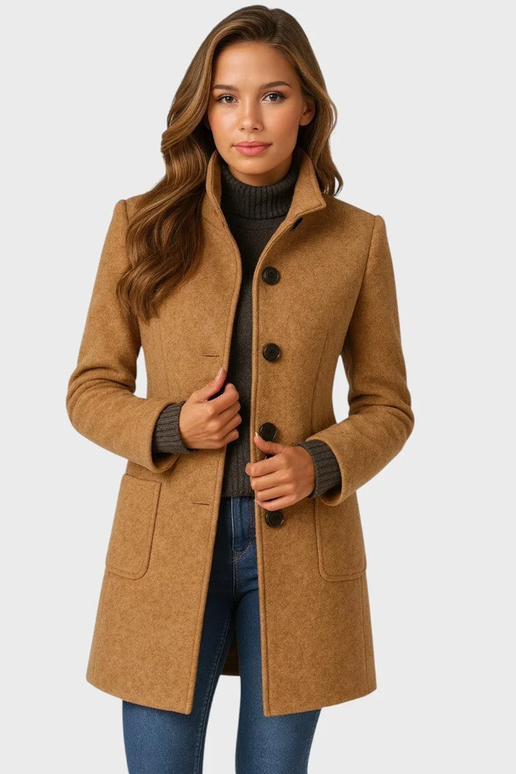 Women's Tailored Stand Collar Coat with Button Front