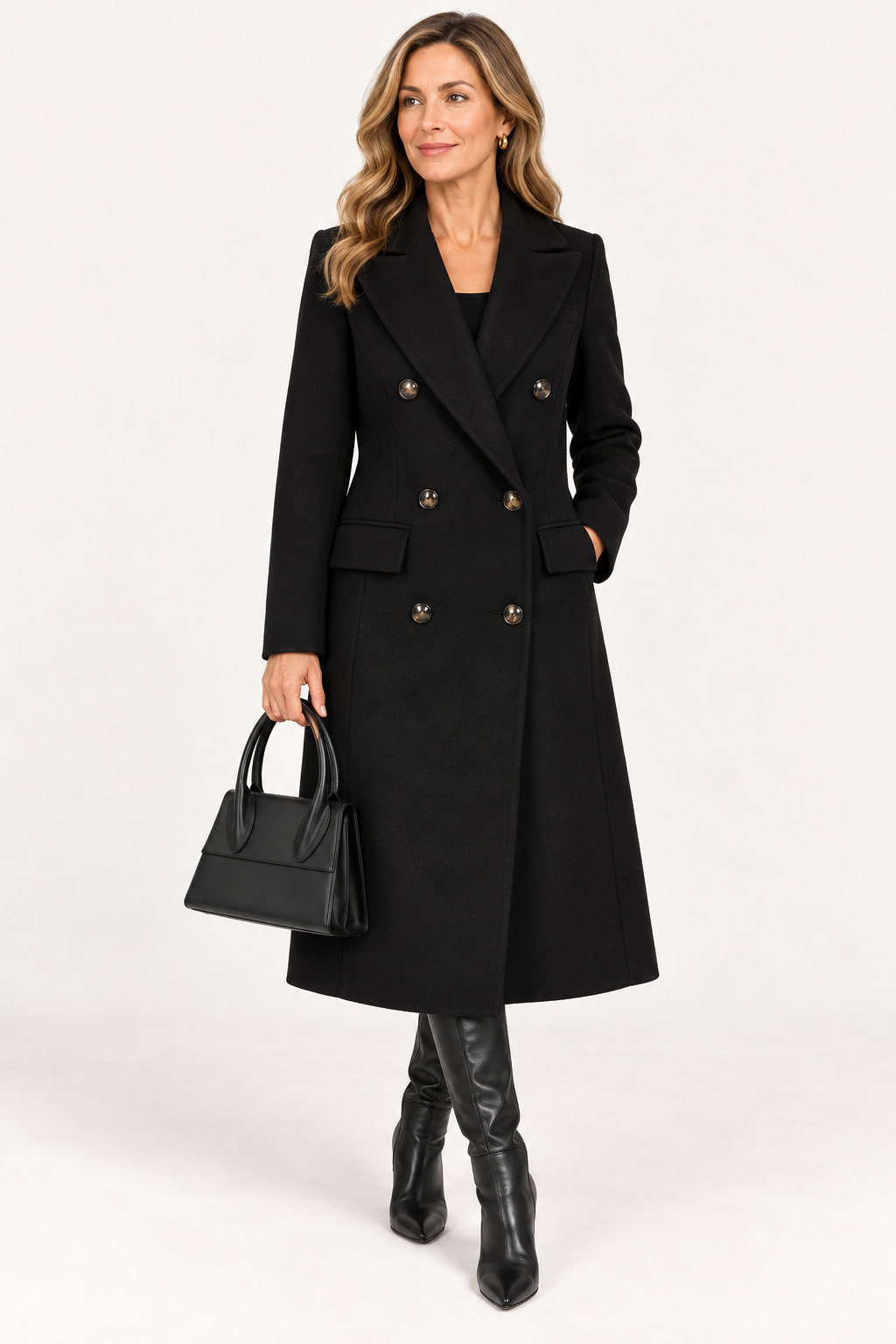 Women's Double Breasted Longline Coat with Lapel Collar