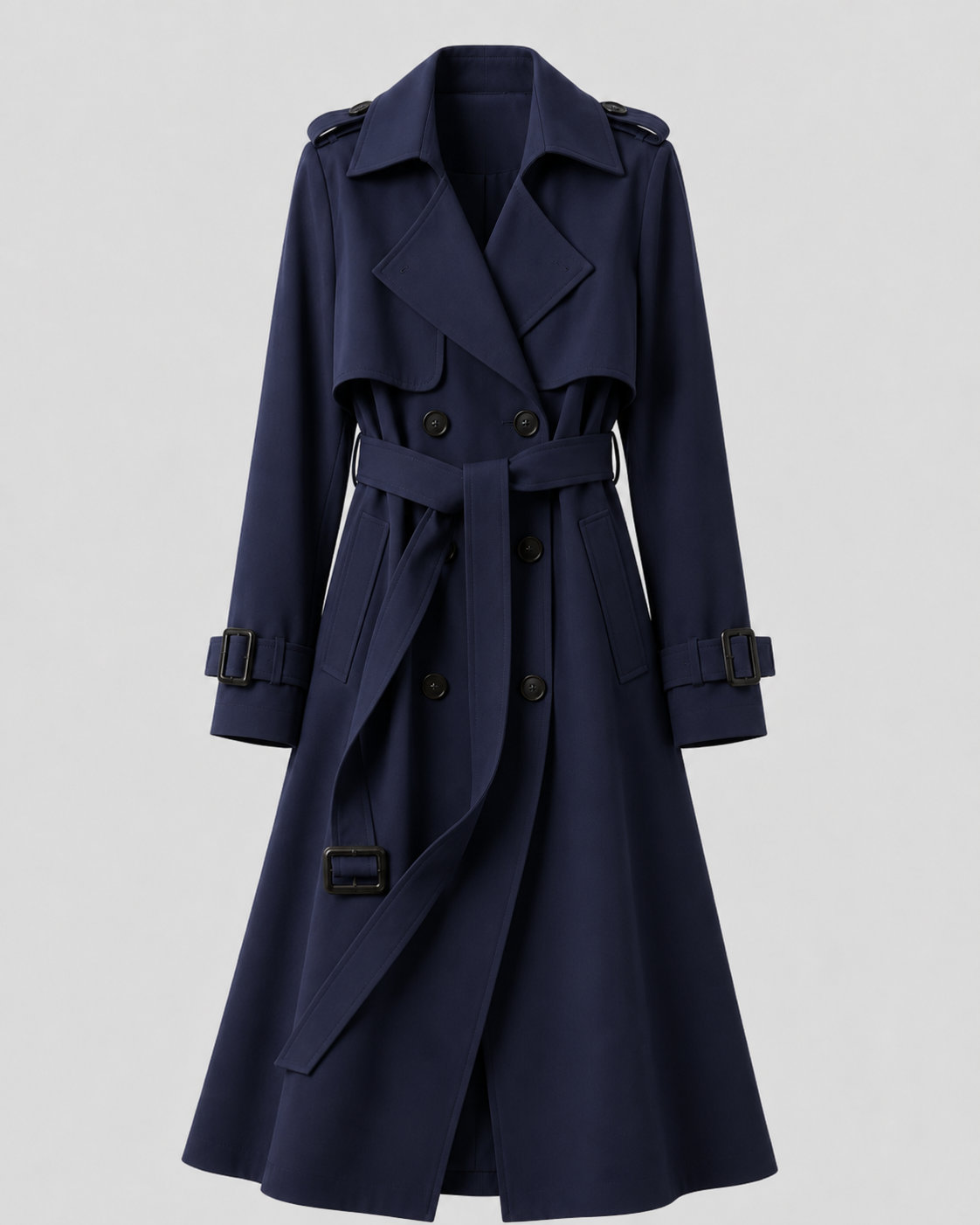 Women's Long Belted Trench Coat with Lapel Collar