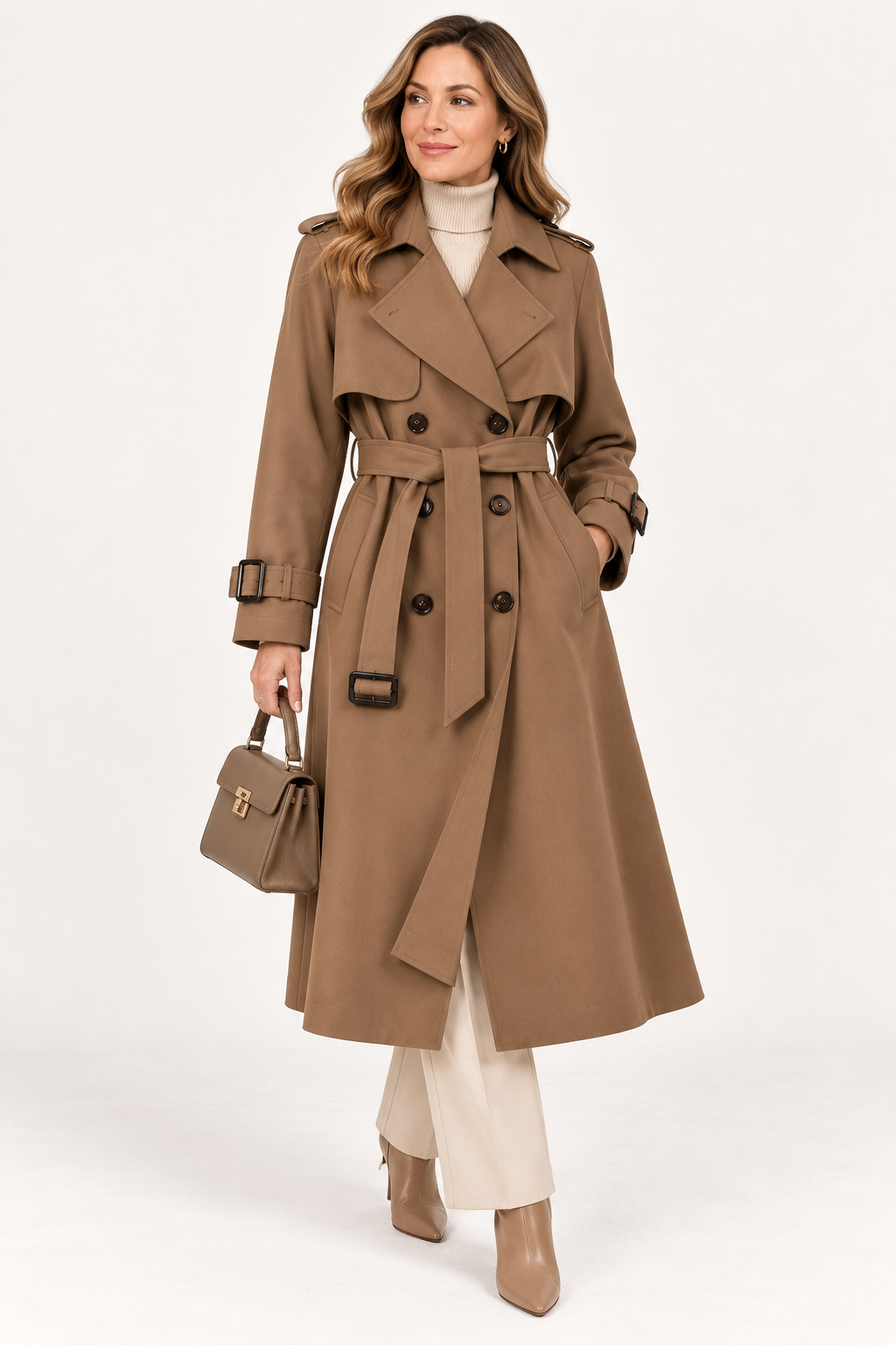 Women's Long Belted Trench Coat with Lapel Collar