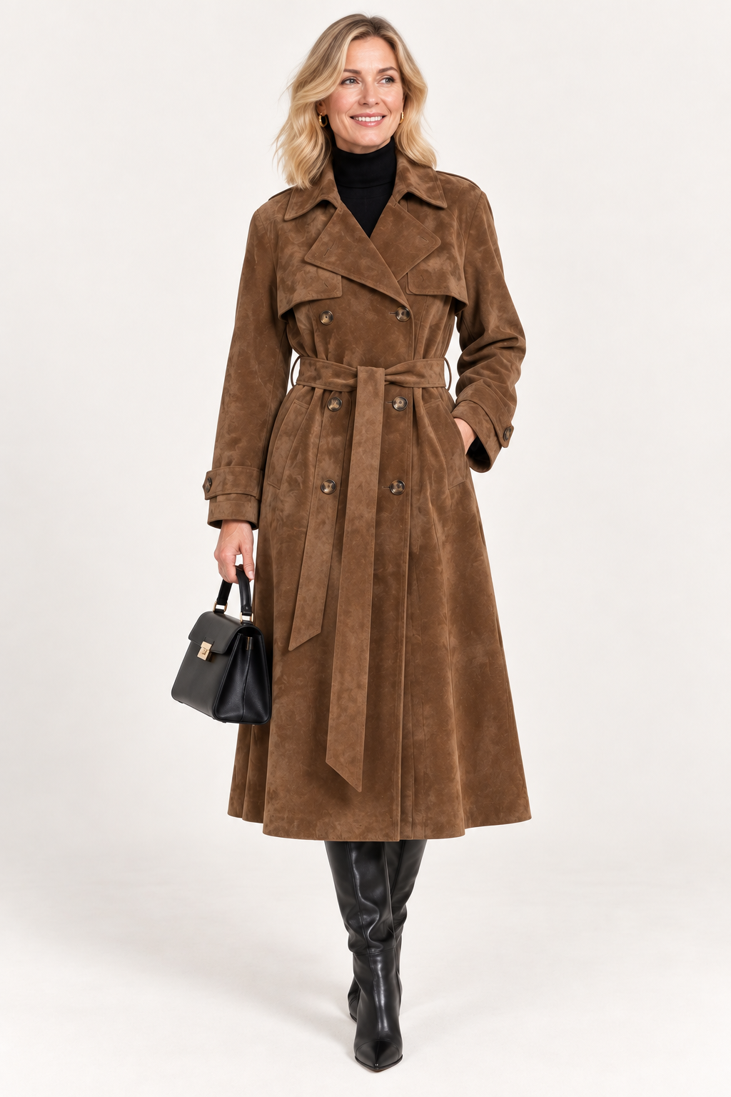Women's Long Brown Suede Style Trench Coat