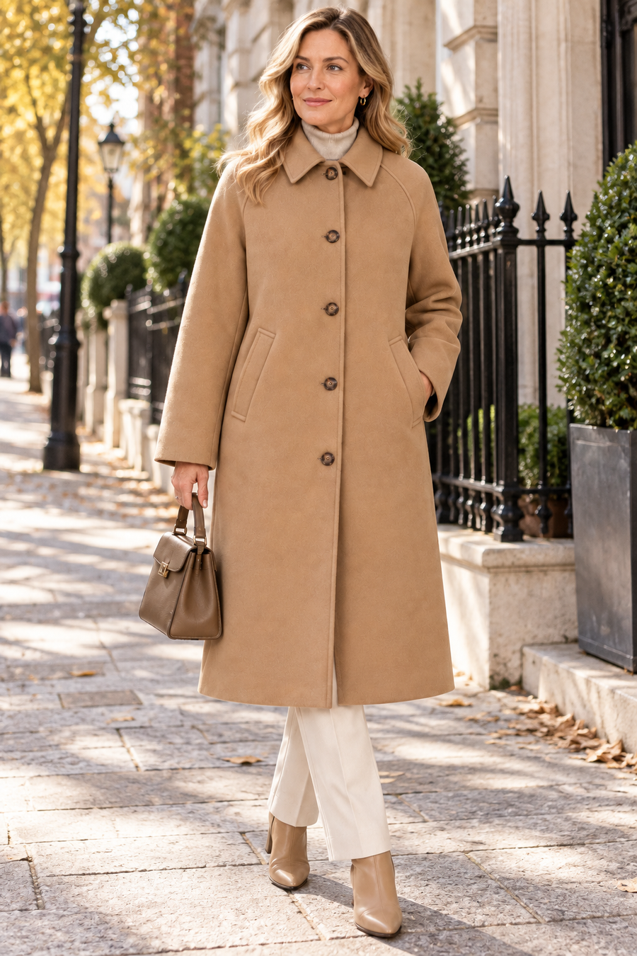 Women's Long Trench Coat with Collar and Single Breasted Front