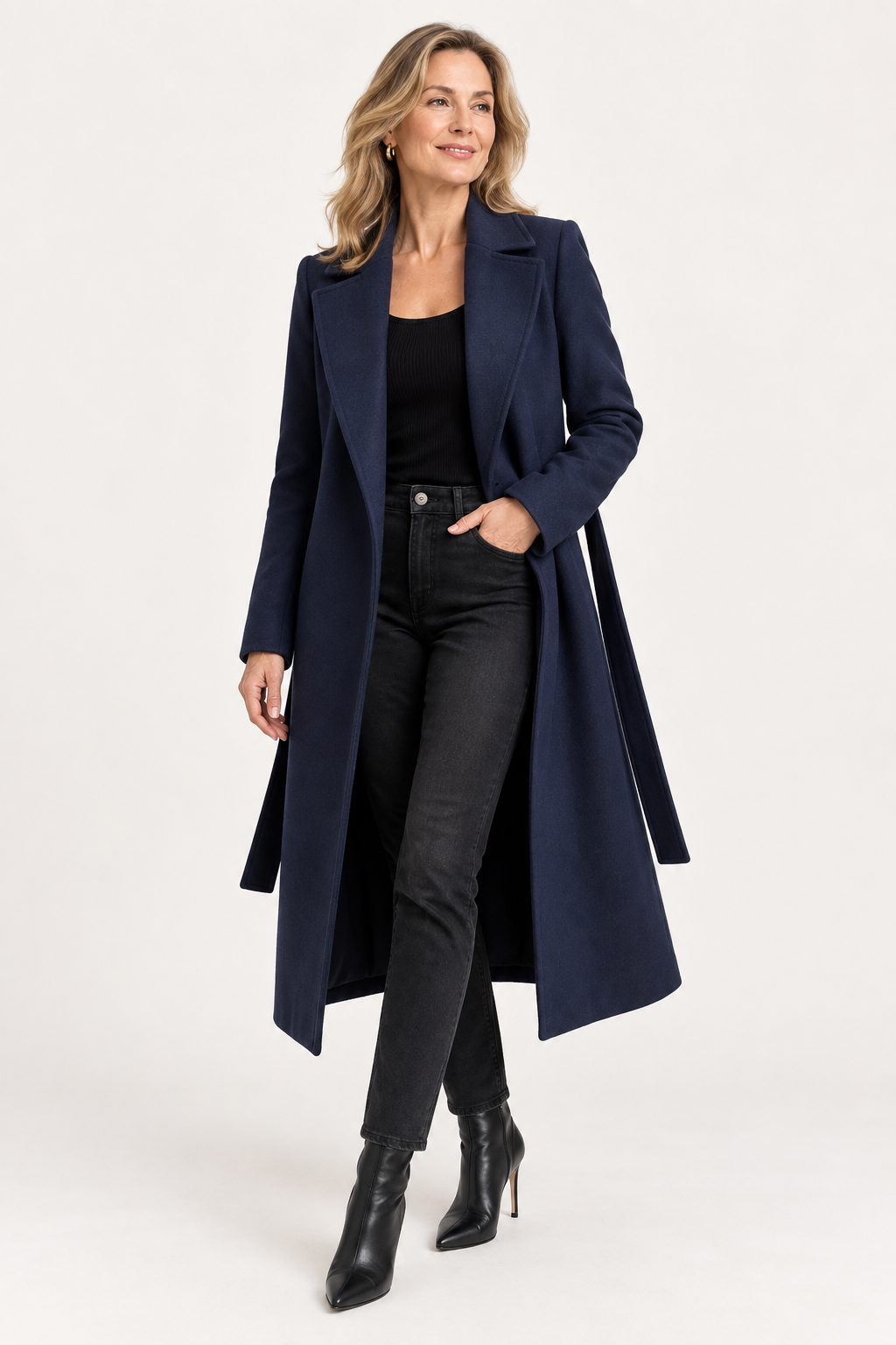 Women's Long Wool Look Belted Coat with Lapel Collar