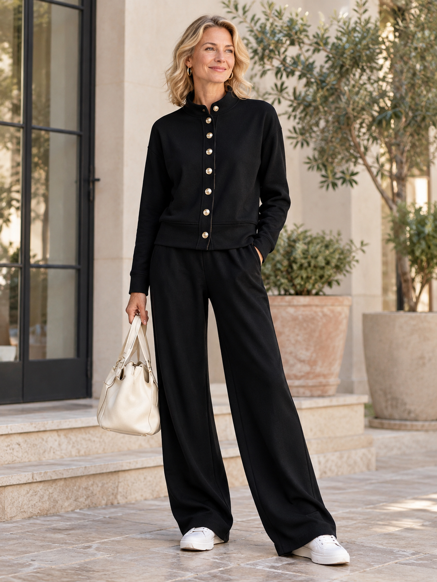 Women's Solid-Color Top & Wide-Leg Pants Set