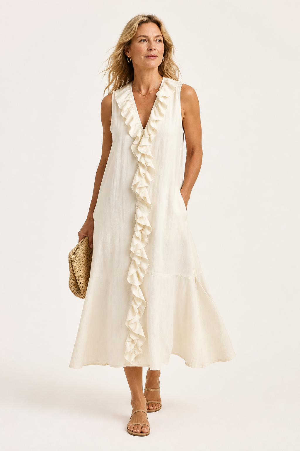 Women's Solid-Colour Sleeveless V-Neck Flared Ruffle Dress