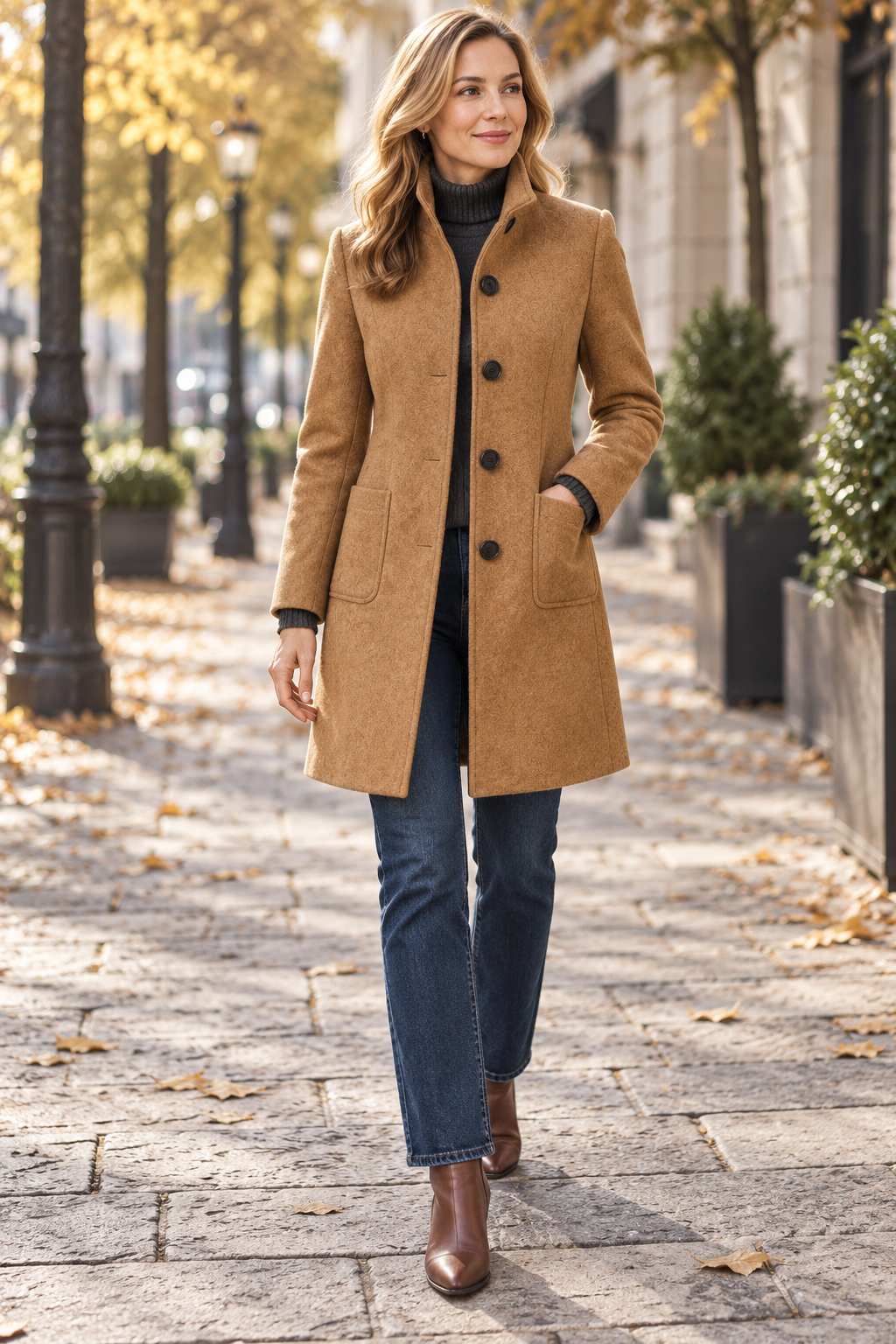 Women's Tailored Stand Collar Coat with Button Front