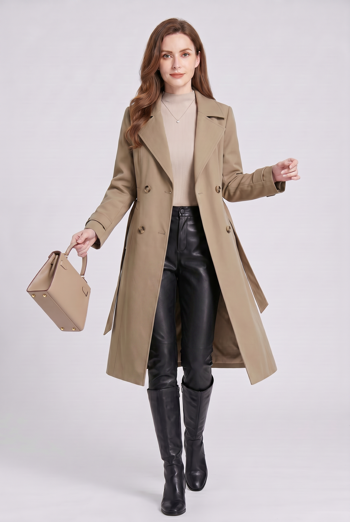Women's Double Breasted Trench Coat with Belt and Lapel Collar