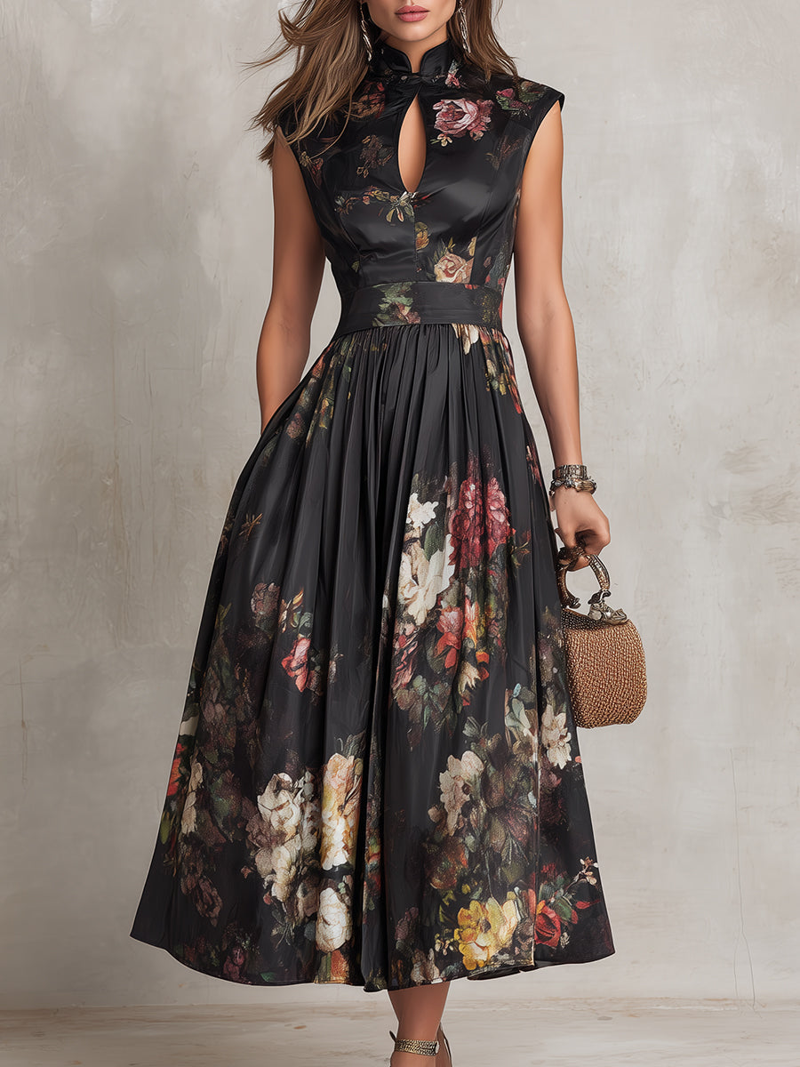 Black Keyhole Floral Midi Dress