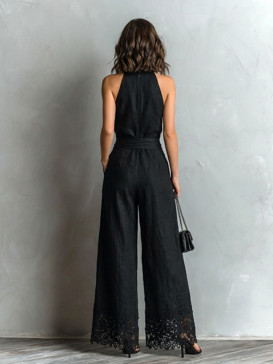 Black Lace-trimmed Pants Set