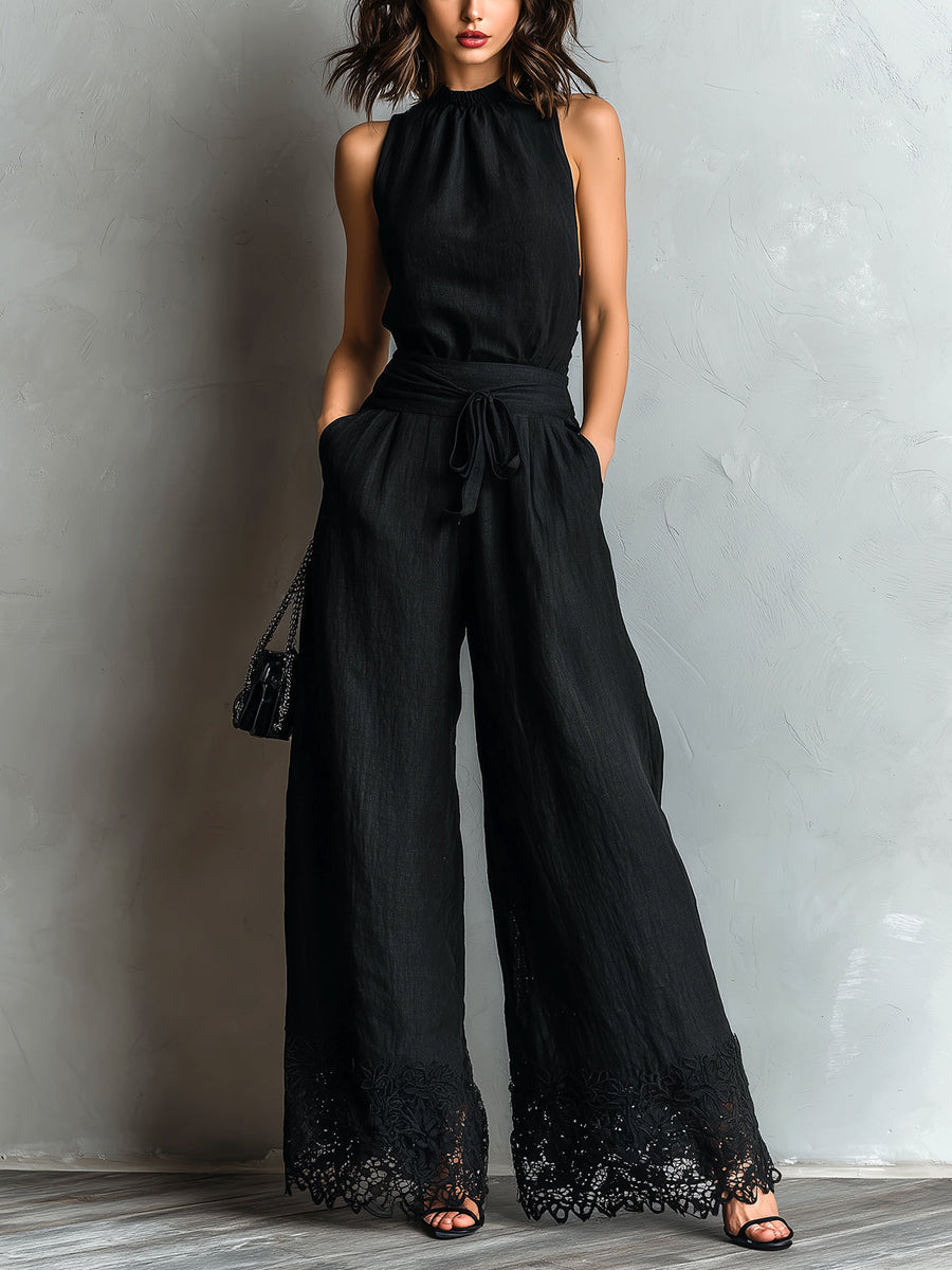 Black Lace-trimmed Pants Set