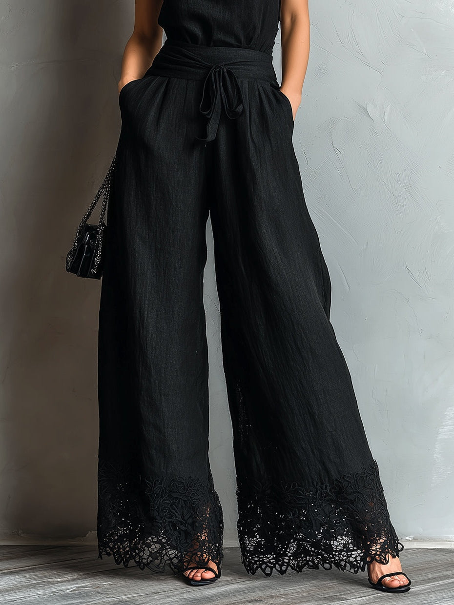 Black Lace-trimmed Pants Set