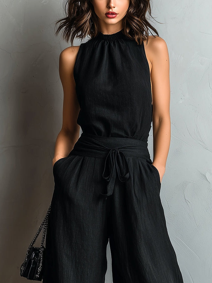 Black Lace-trimmed Pants Set