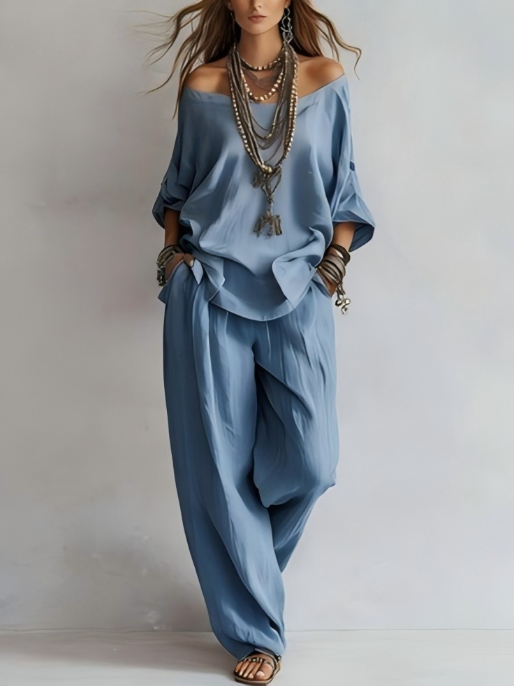 Off-shoulder Wide-leg Pants Set