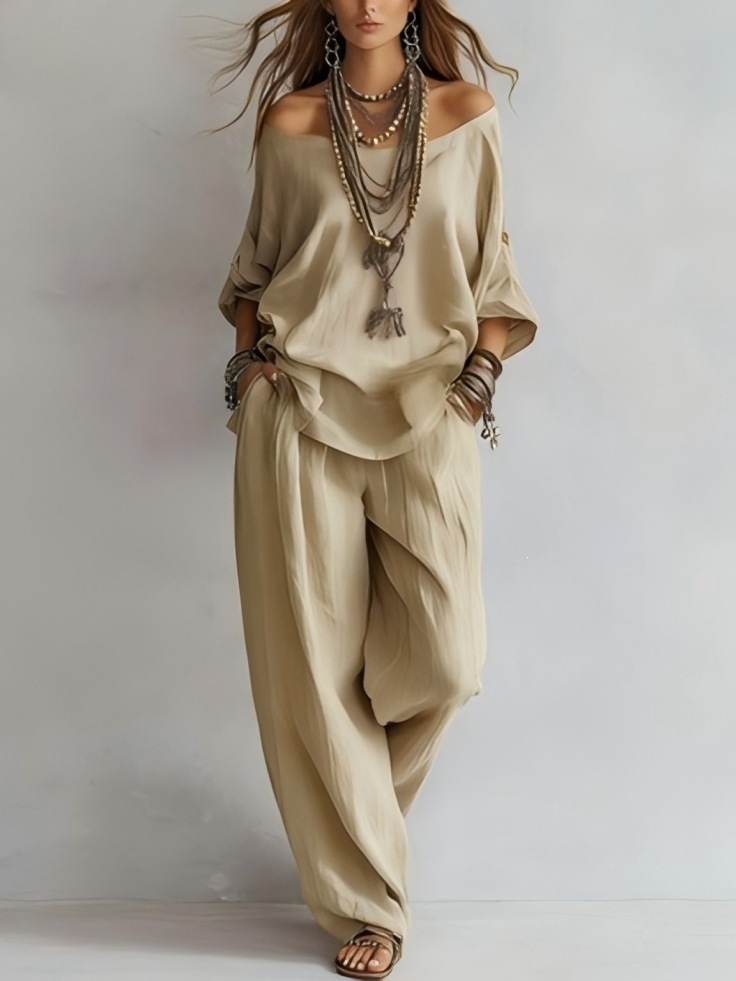 Off-shoulder Wide-leg Pants Set