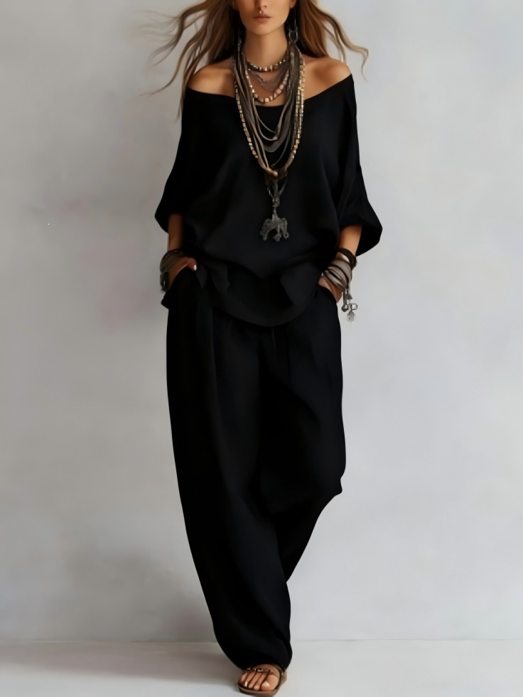 Off-shoulder Wide-leg Pants Set