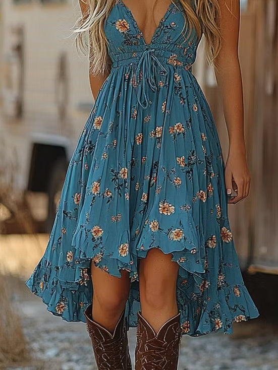 Blue Floral Print Irregular Ruffled Mini Dress