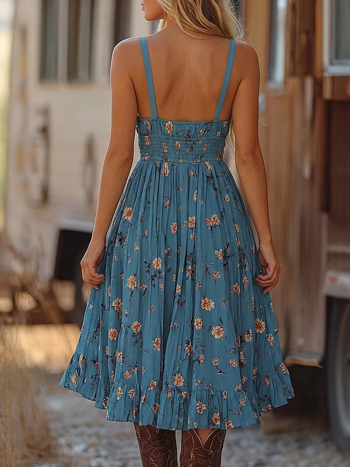 Blue Floral Print Irregular Ruffled Mini Dress