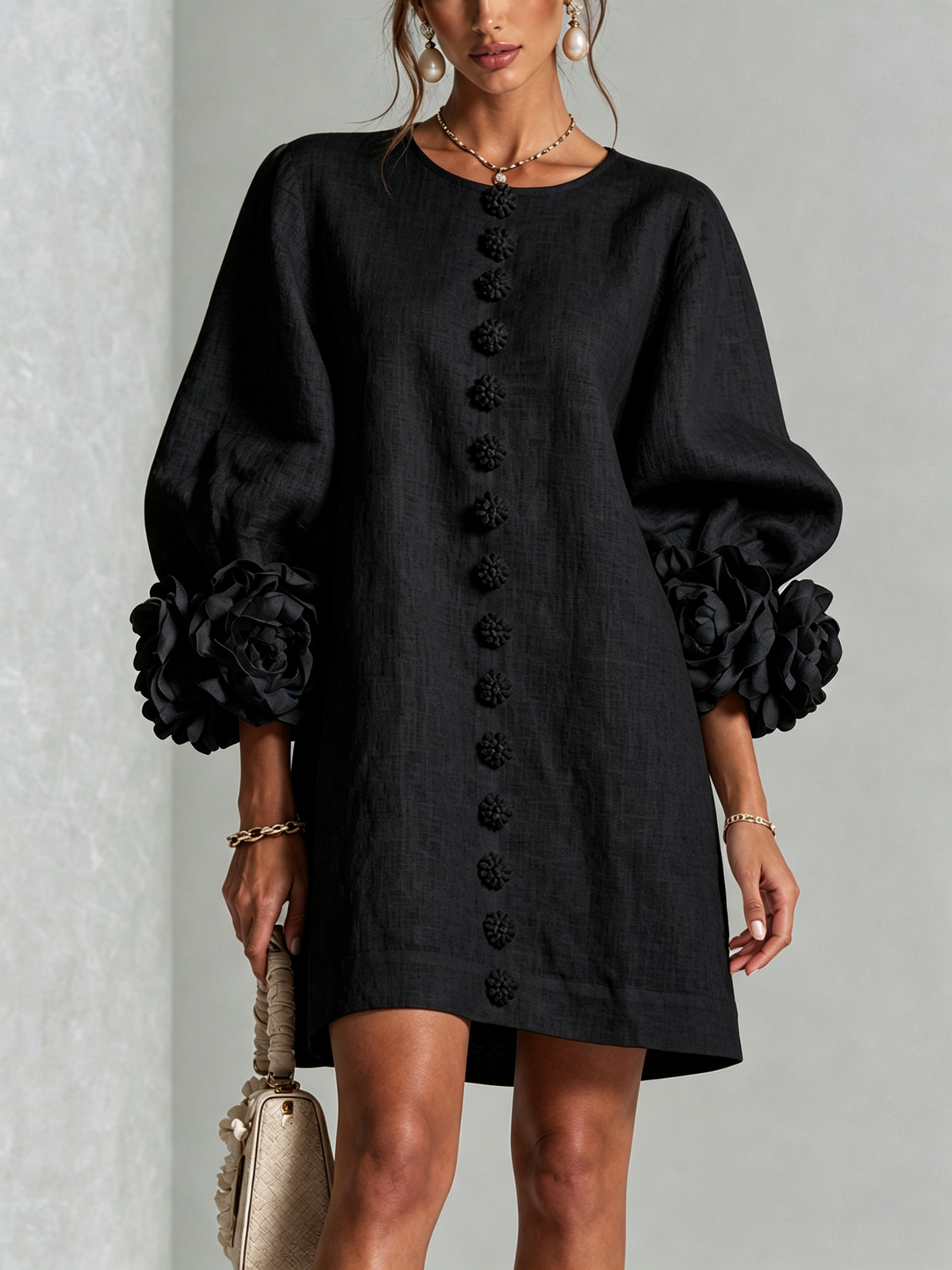 Rosalia Floral-Cuff Button Mini Dress