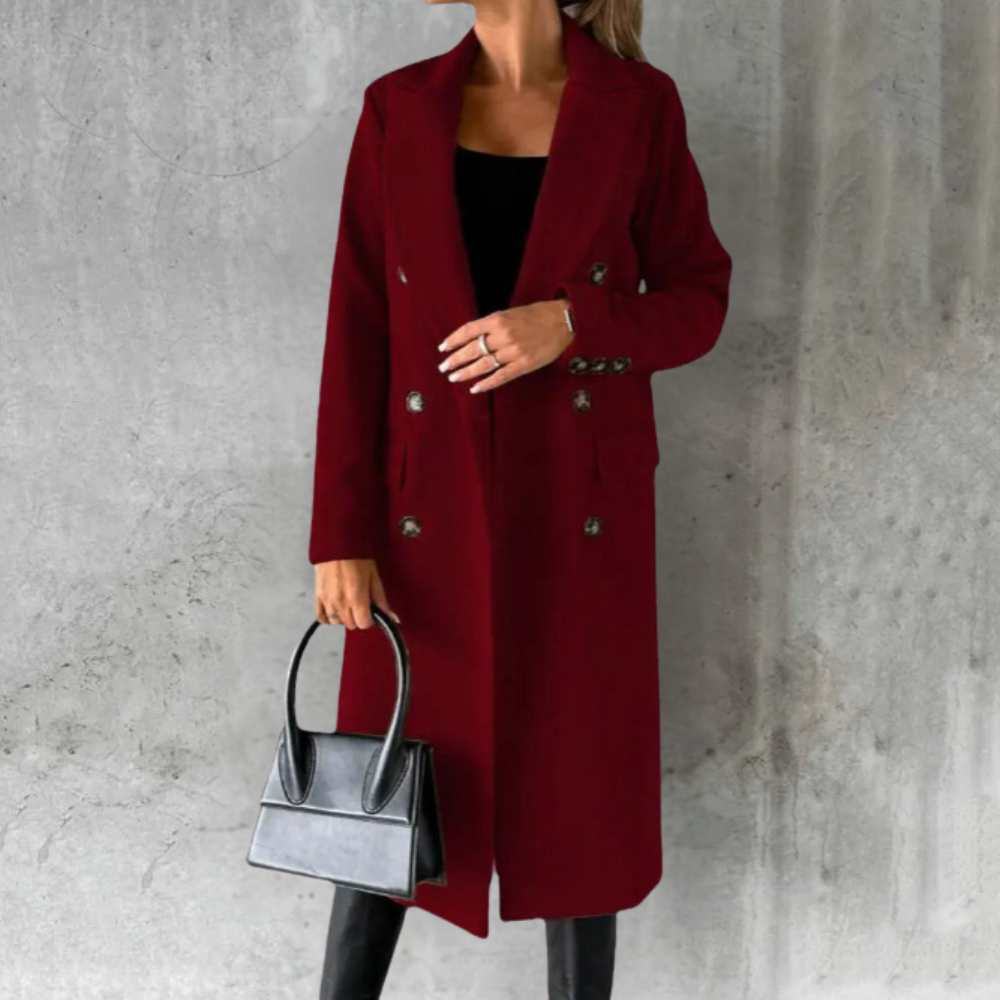 Women's Double Breasted Longline Coat with Lapel Collar