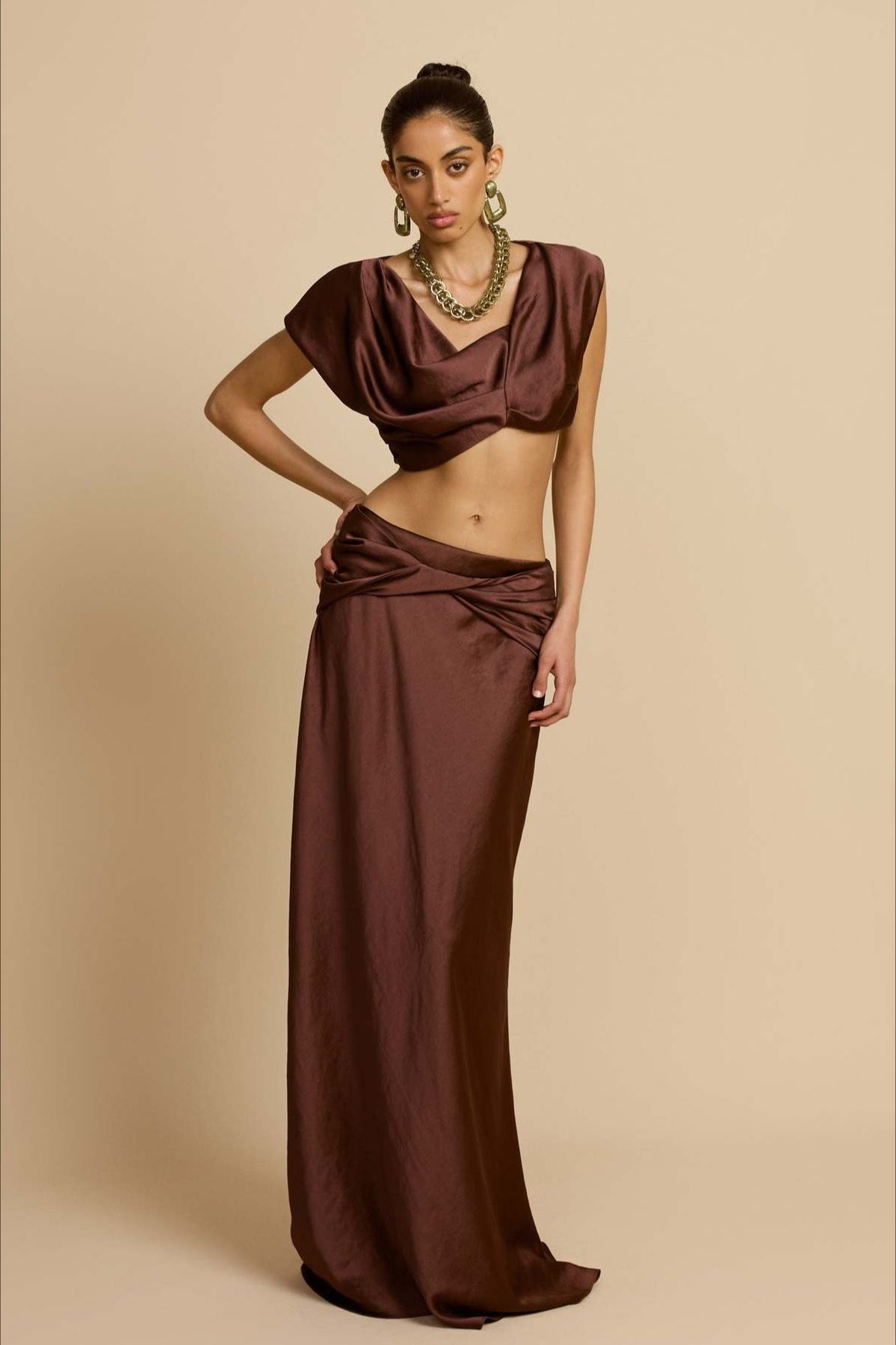Ruched Panel Strapless Top High Waist Skirt Set