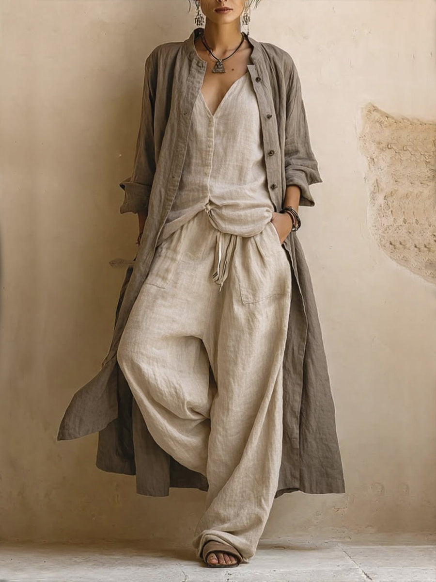 Linen-Cotton Long Cardigan, Sleeveless Top And Pants | 3-piece Set