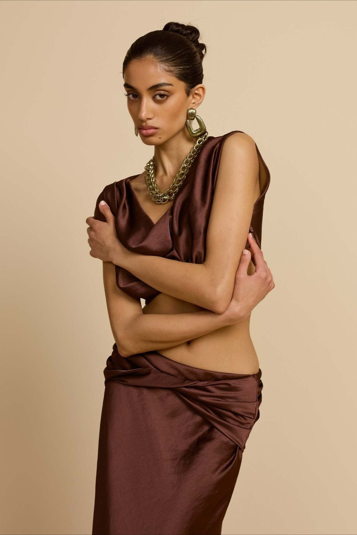 Ruched Panel Strapless Top High Waist Skirt Set