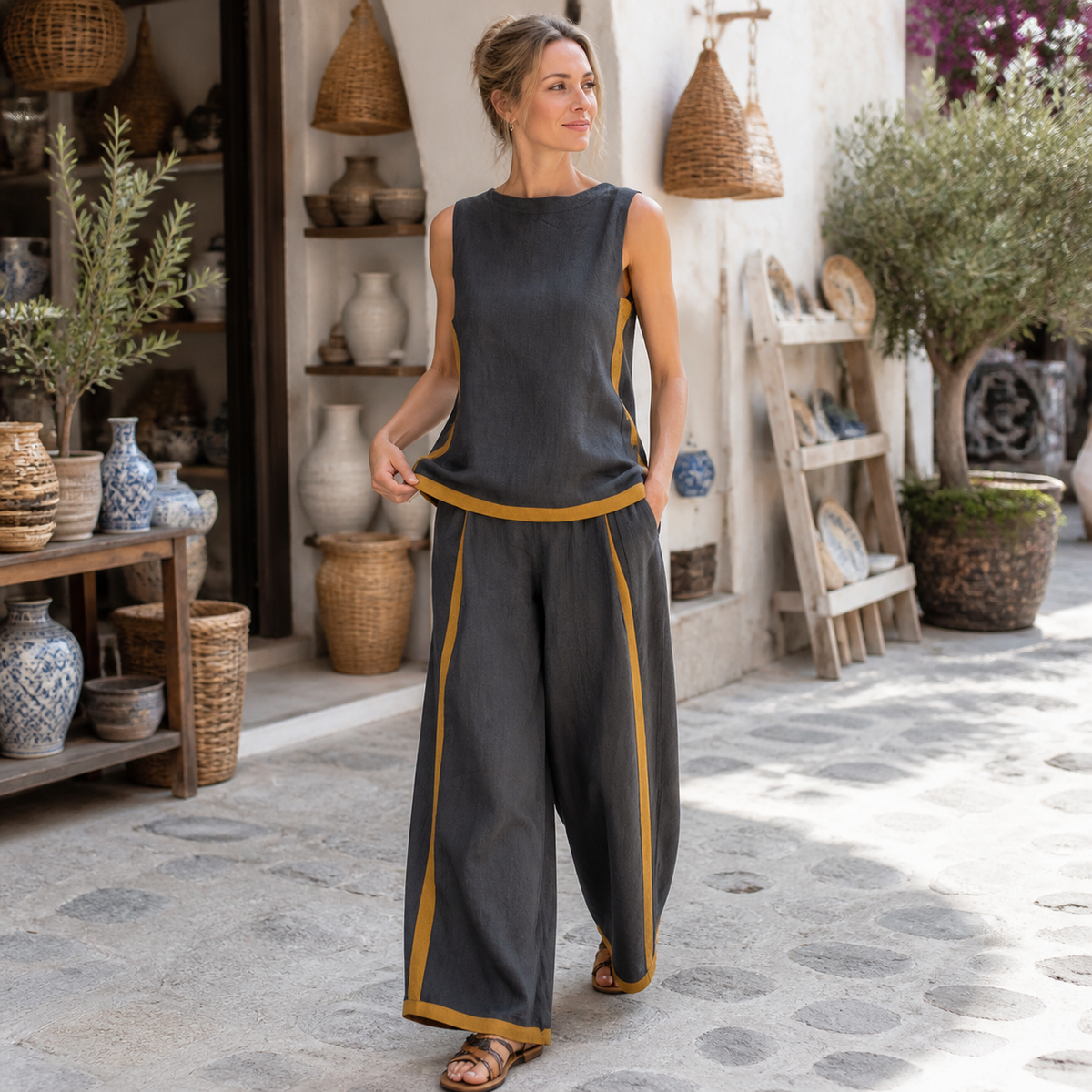 Sleeveless Top and Wide-Leg Pants Set