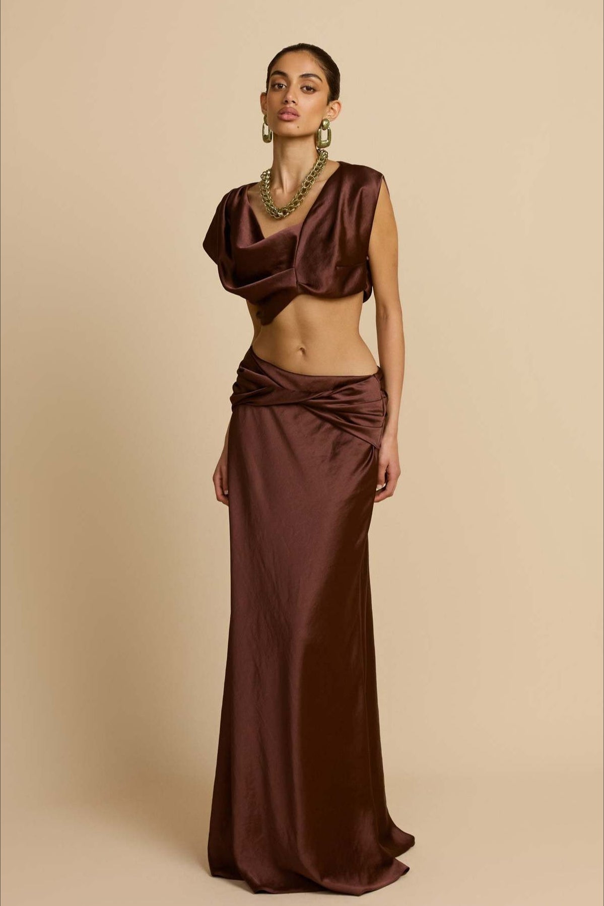 Ruched Panel Strapless Top High Waist Skirt Set