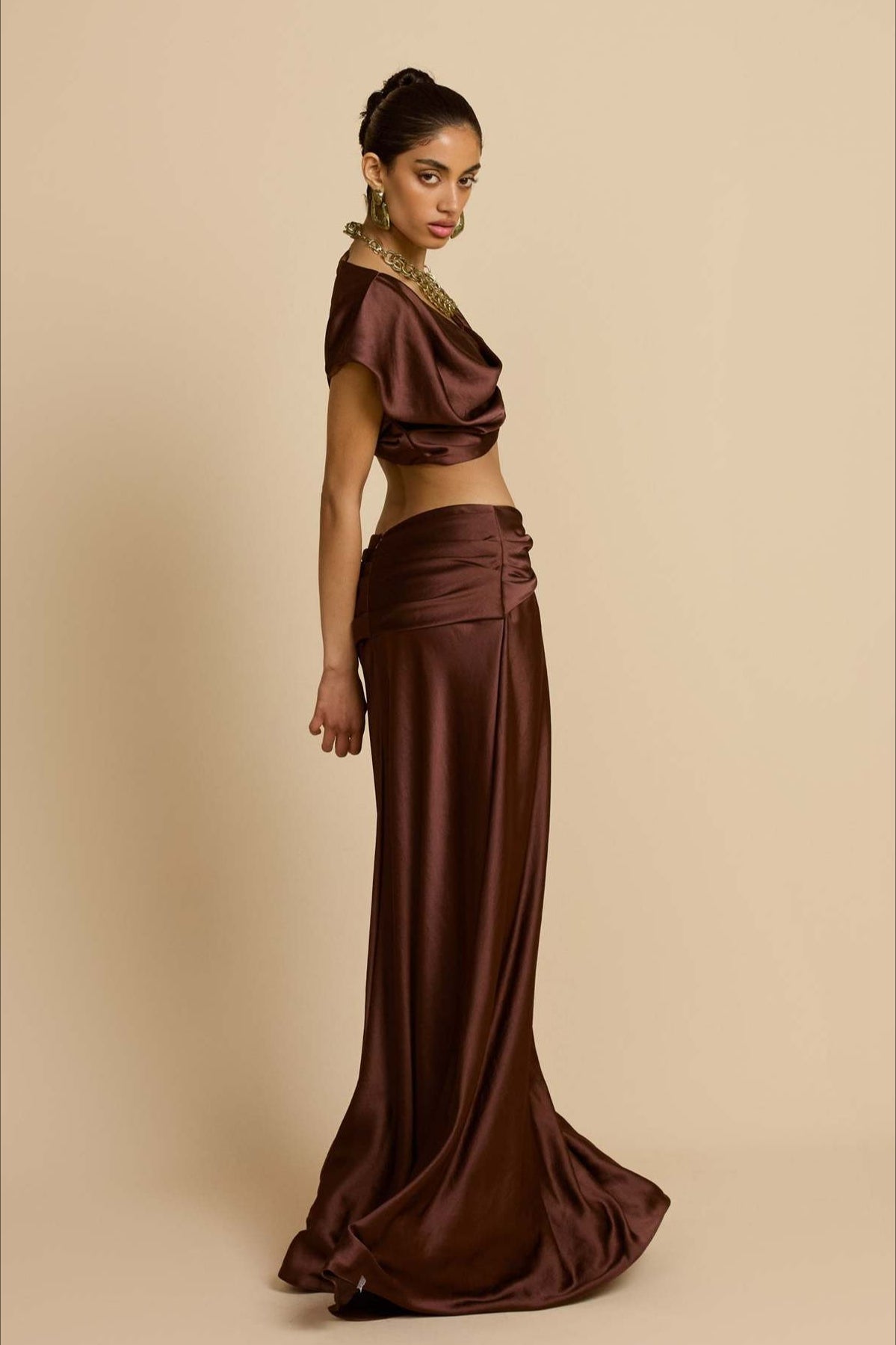 Ruched Panel Strapless Top High Waist Skirt Set