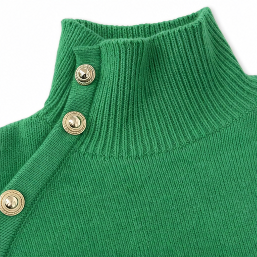 Gold-Tone Button Mock Neck Sweater