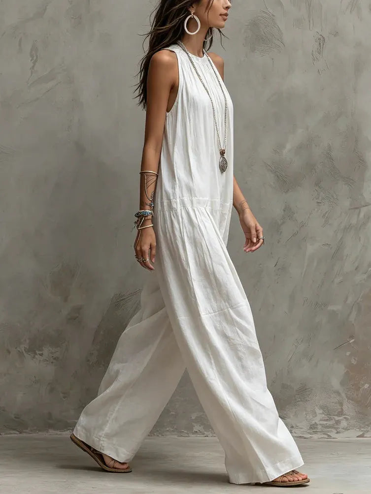 Women's Simple Cotton And Linen Wide-leg Jumpsuit