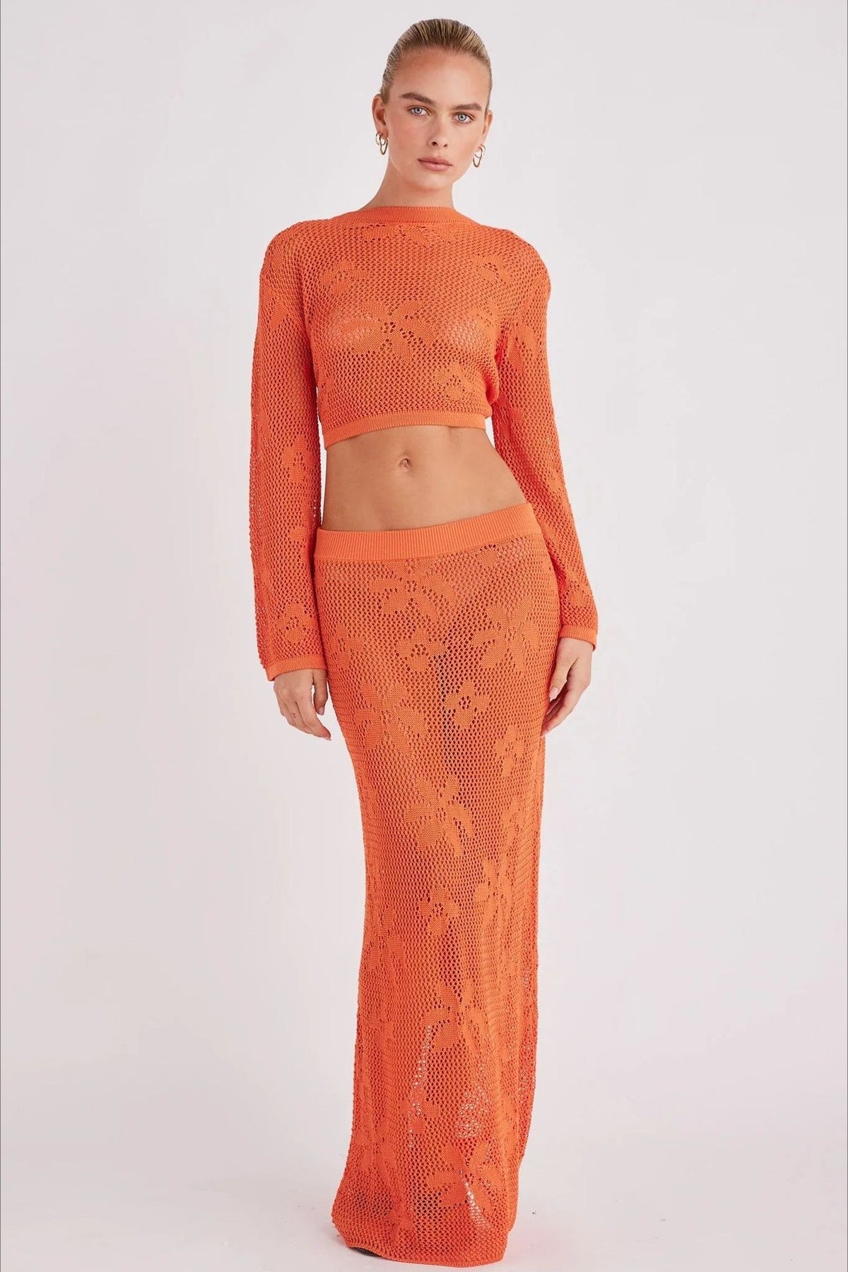 Crochet Knit Reversible Crop Top Skirt Set