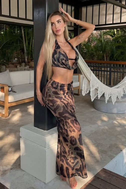 Sheer Chiffon Leopard Print Bikini Maxi Skirt Set