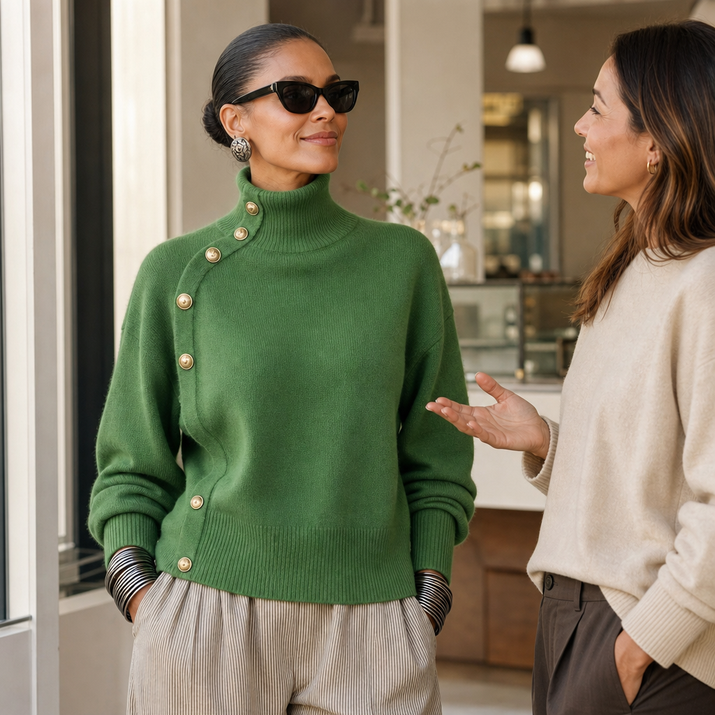 Gold-Tone Button Mock Neck Sweater