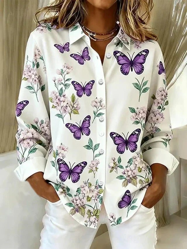 Dahlia Whimsical Butterfly Print Button Blouse