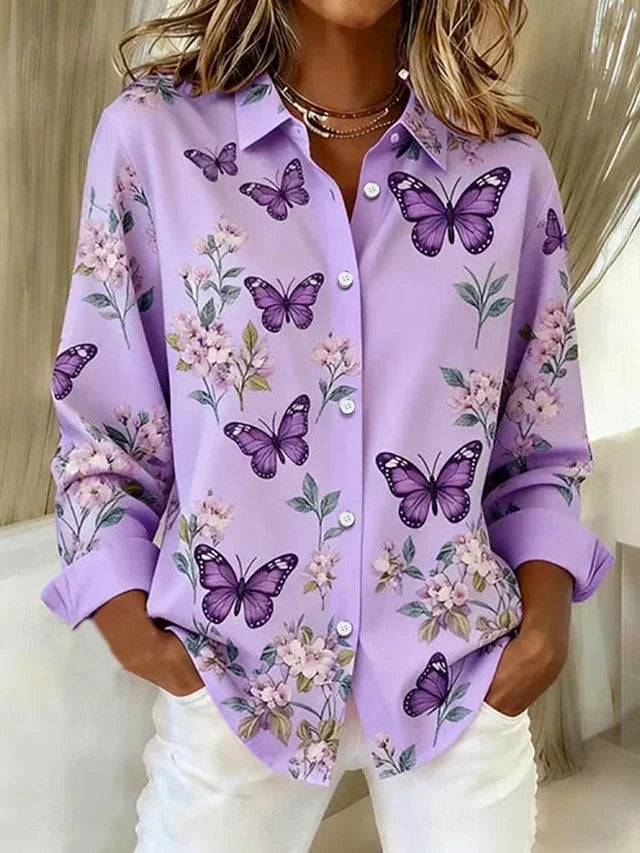Dahlia Whimsical Butterfly Print Button Blouse