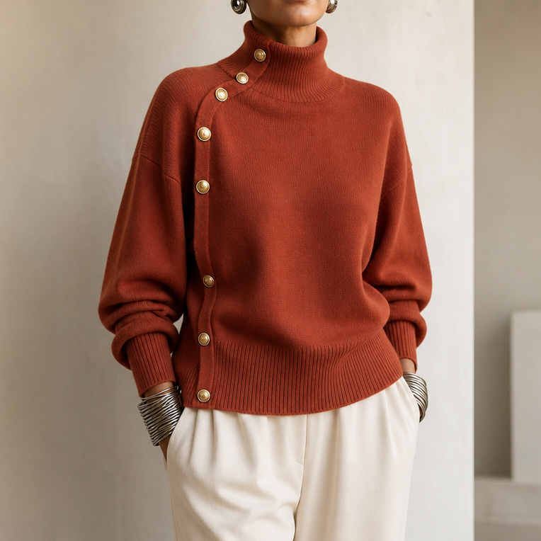 Gold-Tone Button Mock Neck Sweater
