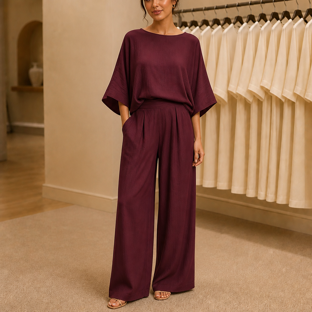 Reliya Crew Neck Top and Wide Leg Pants Set