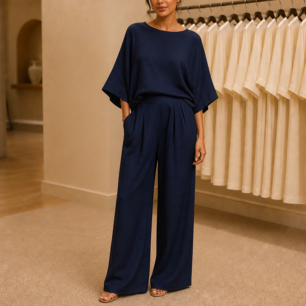 Reliya Crew Neck Top and Wide Leg Pants Set
