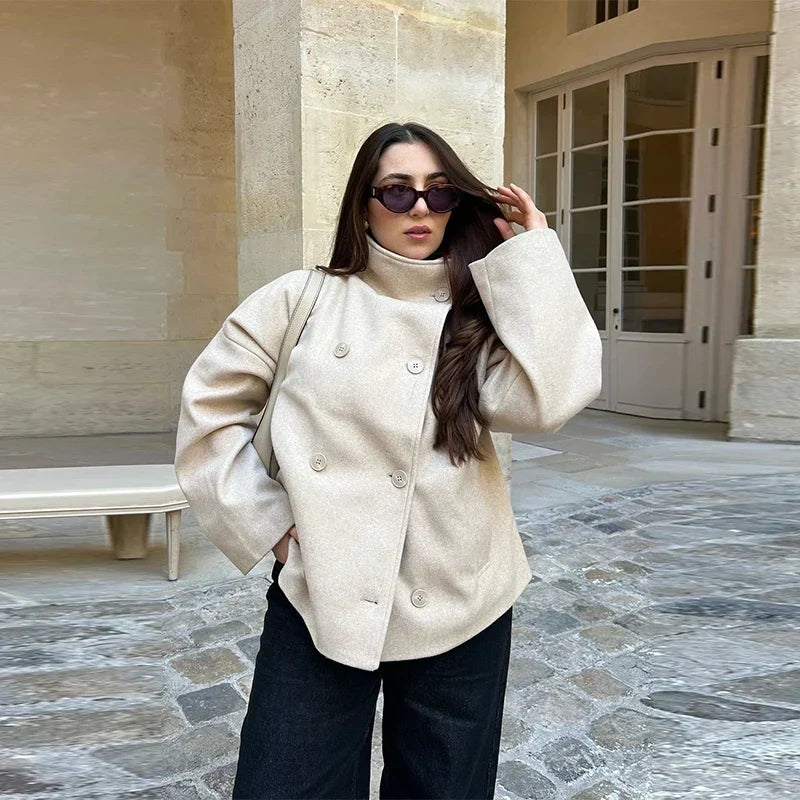 Women's Oversized Coat with Stand Collar and Double Breasted Front