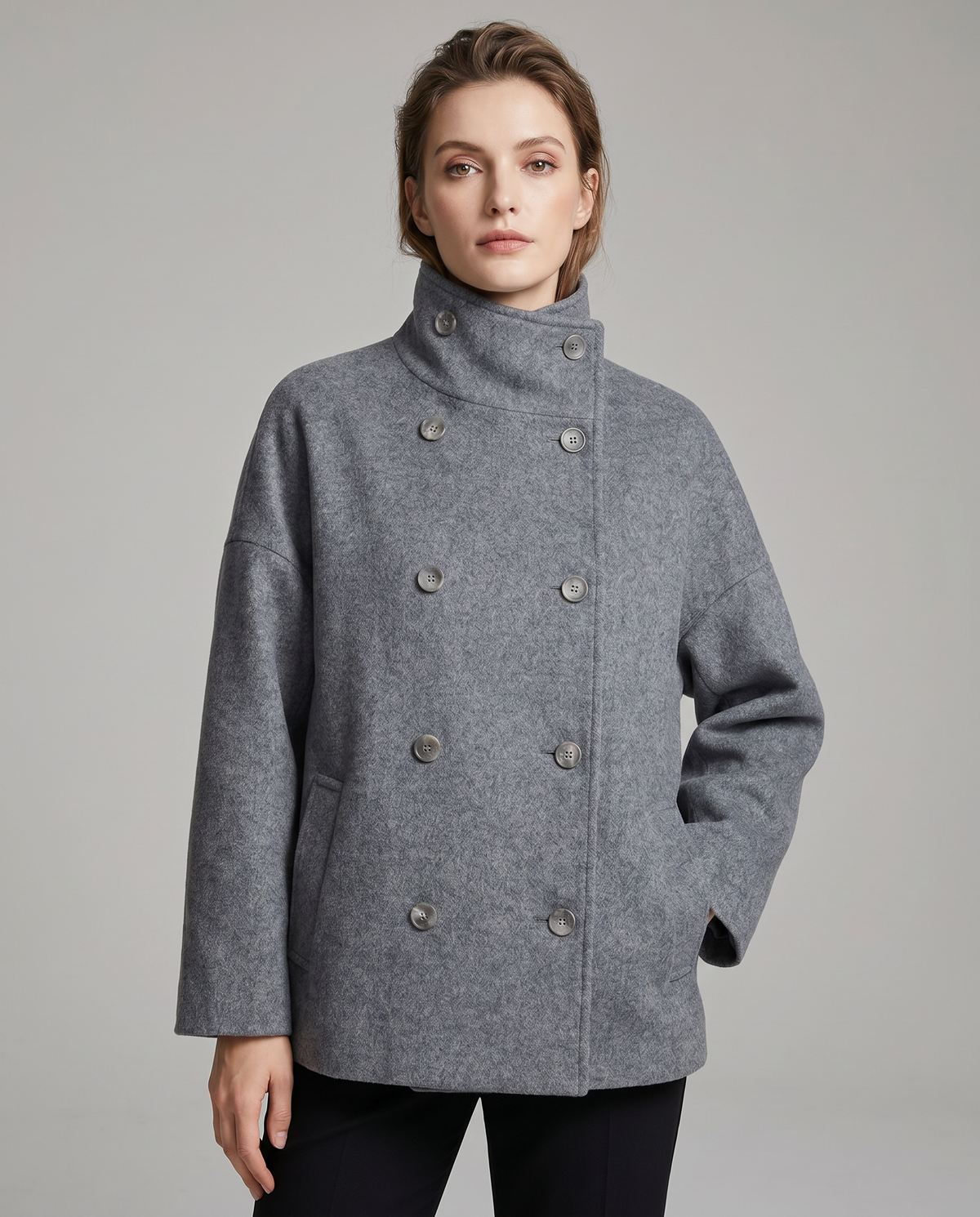 Women's Oversized Coat with Stand Collar and Double Breasted Front