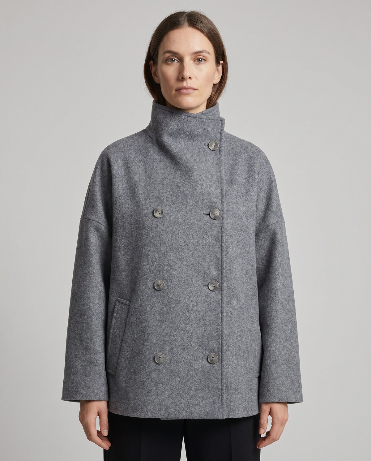 Women's Oversized Coat with Stand Collar and Double Breasted Front