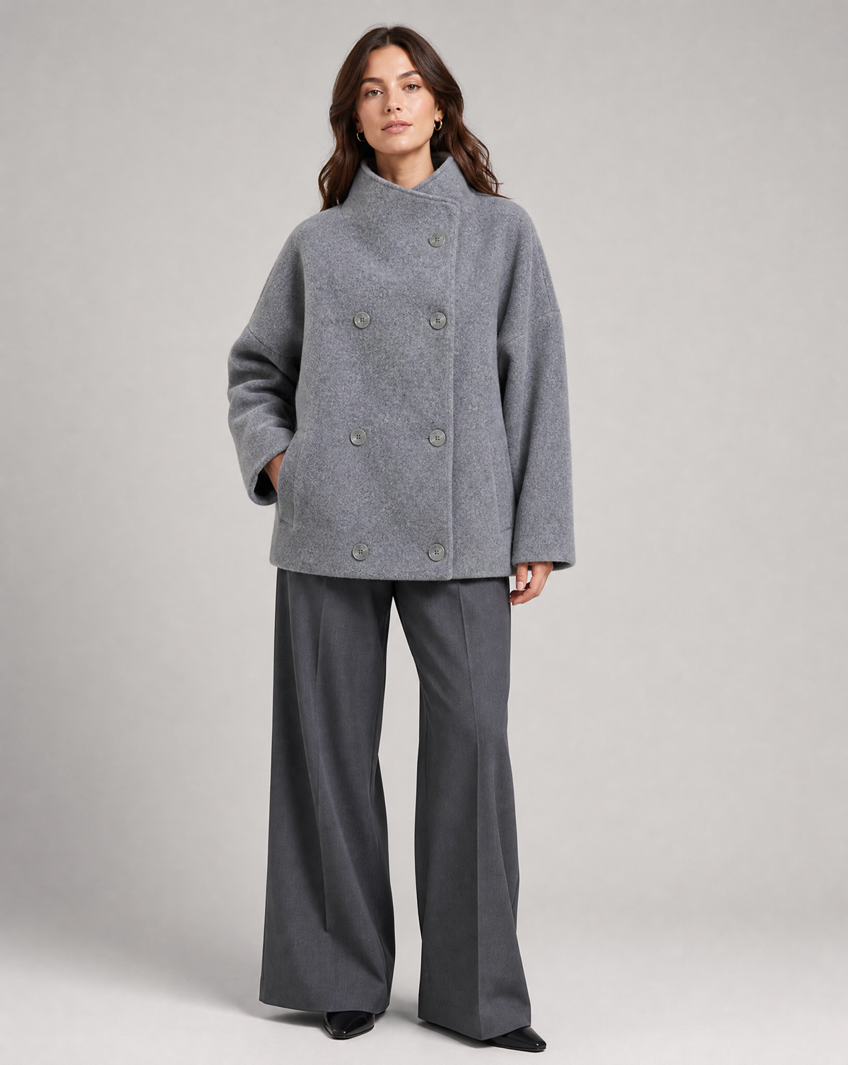Women's Oversized Coat with Stand Collar and Double Breasted Front