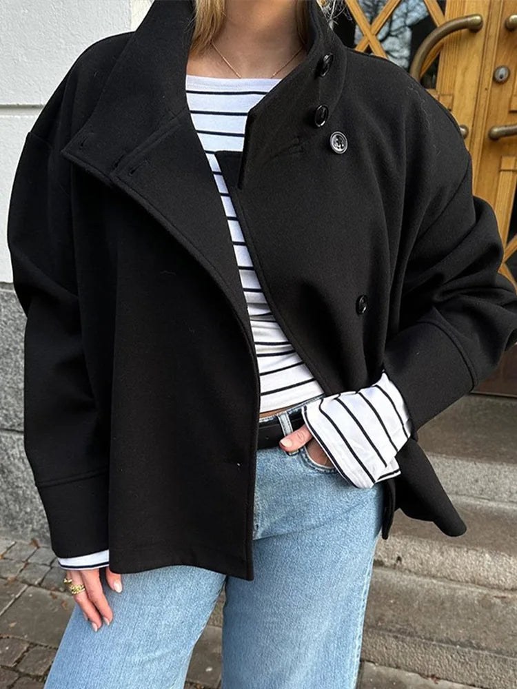 Women's Oversized Coat with Stand Collar and Double Breasted Front